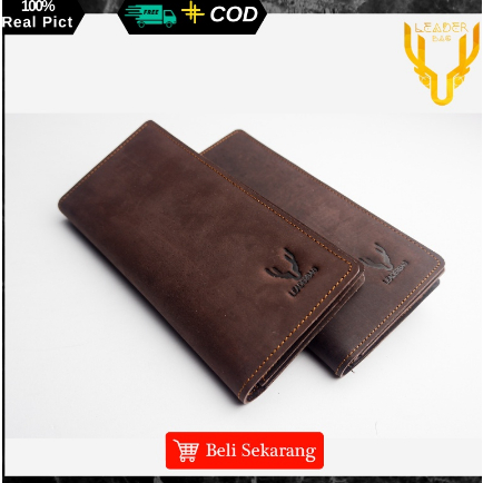 Top Branded Dompet Panjang Pria Kulit Sapi Asli Merk Leaderbag Warna Coklat Khaki Terbaru Dompet Lip
