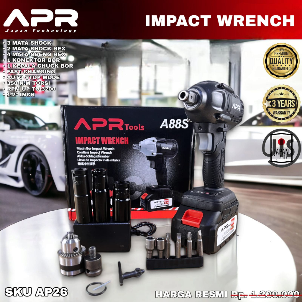 APR JAPAN Mesin Bor Pembuka Buka Baut Cordless Impact Wrench Baterai Motor Mobil 88Vf 350Nm AP26