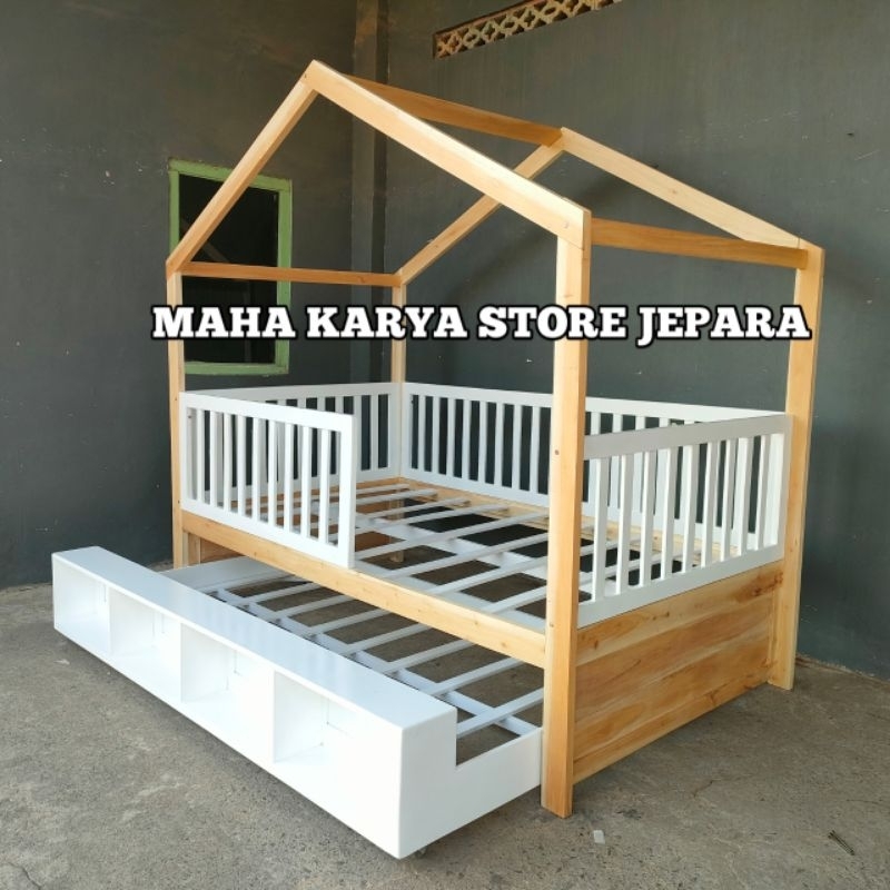 DIPAN ANAK CUSTOM 120X200 BLEACHING SORONG DAN RAK BAWAH 100X200 DUCO PUTIH