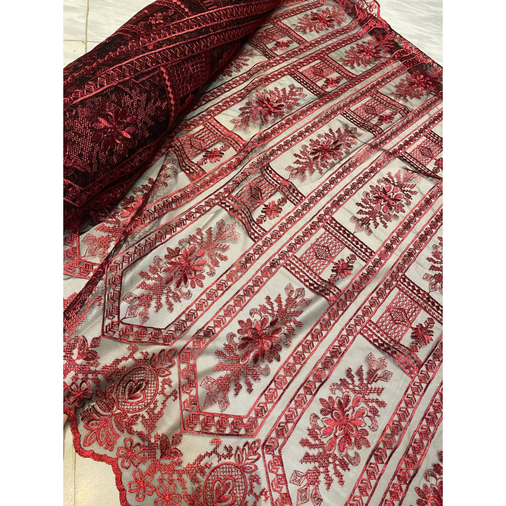 Kain Kebaya Brokat/Tile Bordir Etnik Mewah Athena Series Premium High Quality Warna Merah Maroon