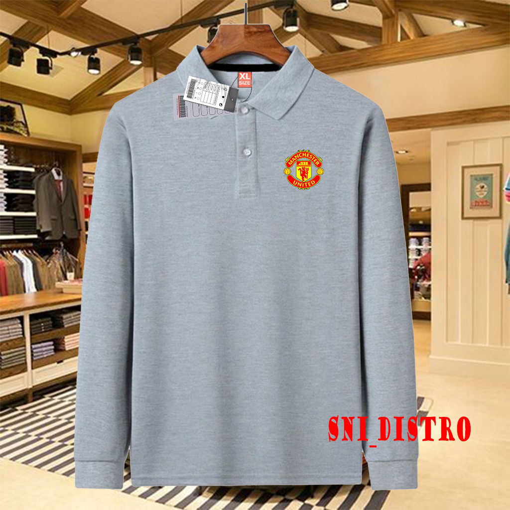 Kaos Polo Kerah Lengan Panjang Pria & Wanita Manchester United / Kaos Polo Logo Bola / Premium Quali