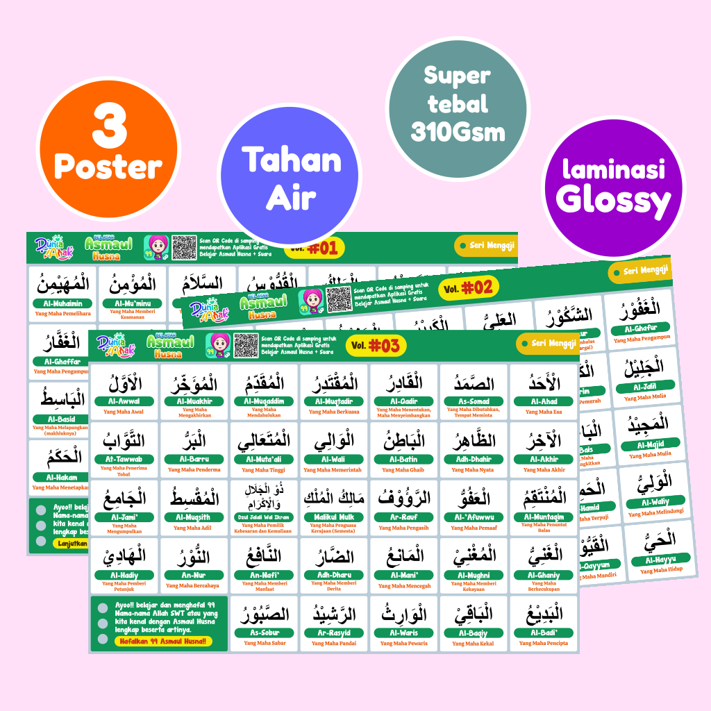 Poster Asmaul Husna 99 Nama Allah 3 in one