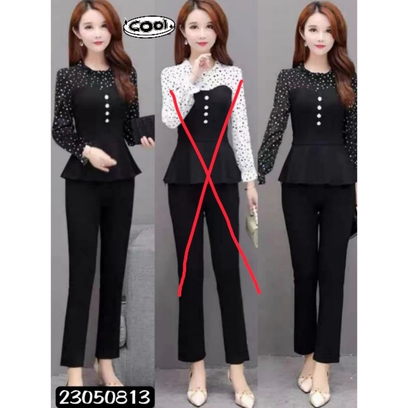 One Set Import Premium Setcel Stelan Hitam Polka Peplum (FCOI1090)