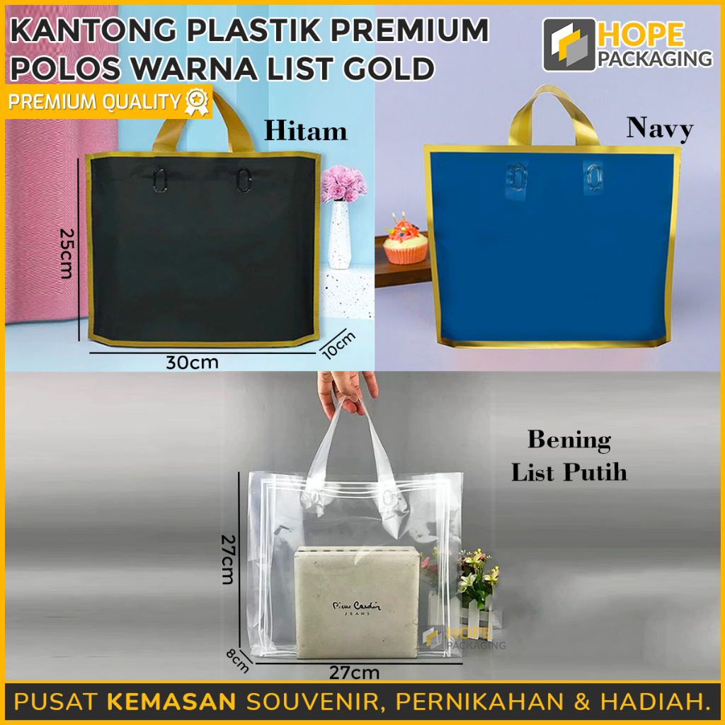 

[HARGA / 5 PCS ] Kantong Plastik Premium Polos Size :30x25x10 cm / Plastik Premium List Gold / Kantong Souvenir / Plastik Hampers Ulang Tahun