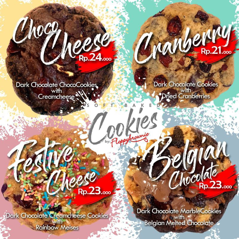 

soft baked cookies 1 paket isi 4 pc (choco cheese,cranberry,festive cheese,belgian chocolate)