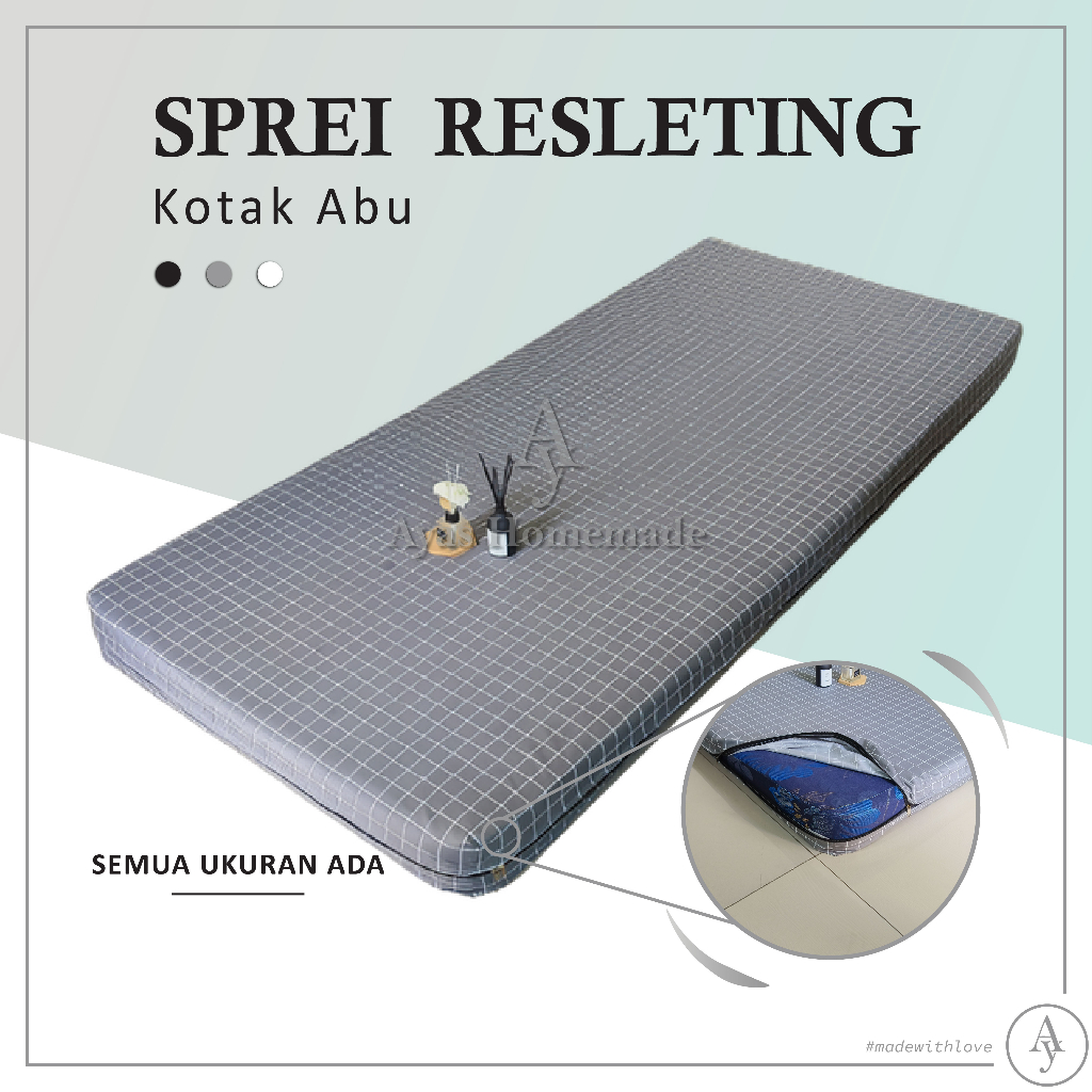 (SEMUA UKURAN ADA) Sarung Kasur Busa Resleting Motif Kotak Abu Aesthetic
