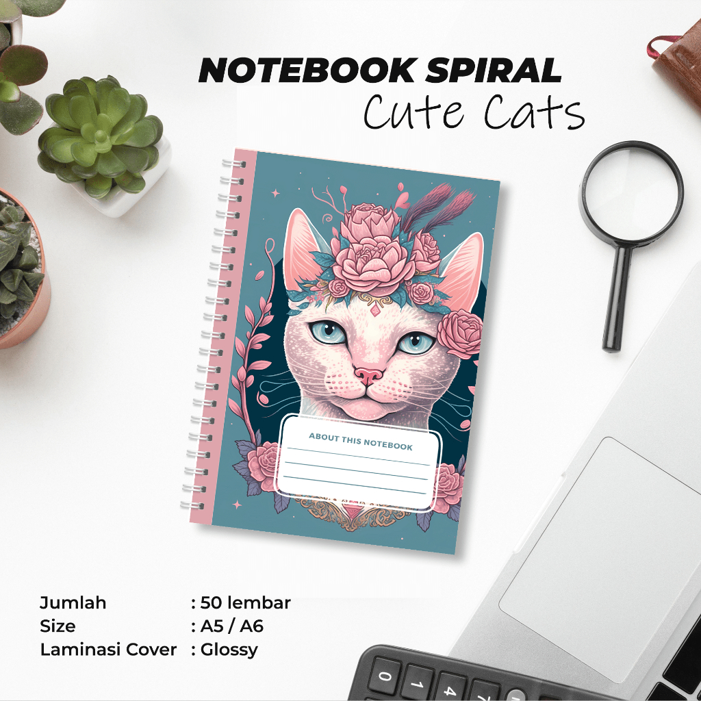 

CUTE CATS - NOTEBOOK SPIRAL A5 ISI 50 LEMBAR COVER GLOSSY PUTIH POLOS HVS 70 GSM BUKU HARIAN JOURNAL