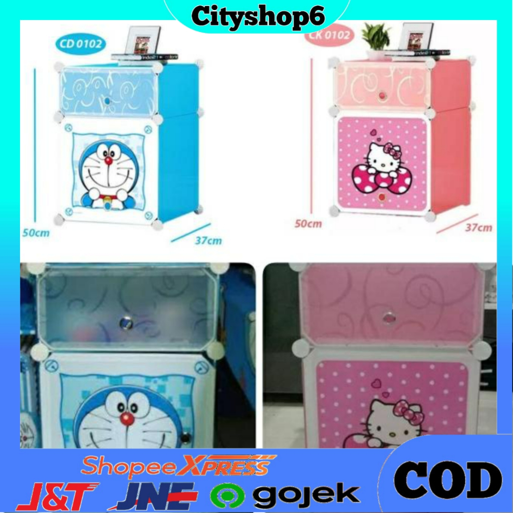 Lemari Plastik Mini 2 Susun Lemari portable multifungsi lemari pakaian susun karakter Doraemon Hello