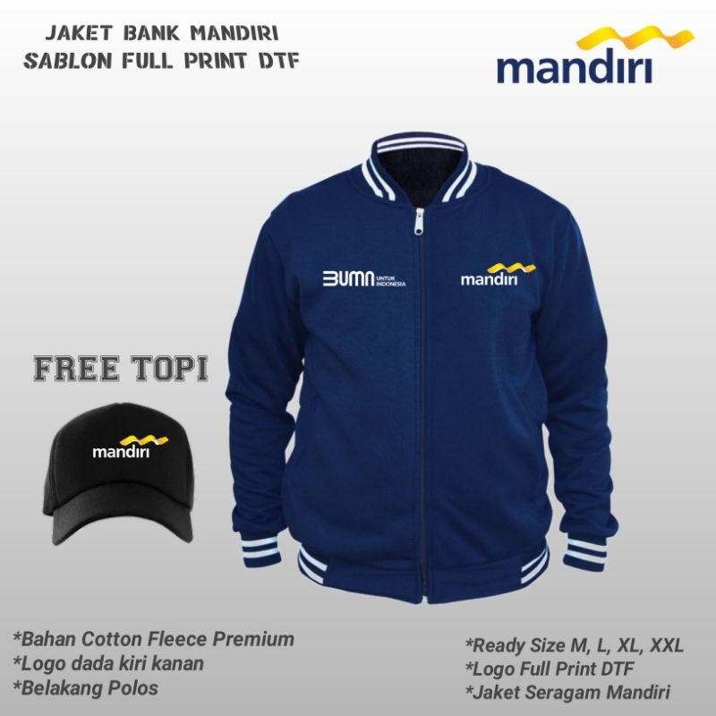 JAKET VARSITY LOGO MANDIRI-JAKET SERAGAM BANK MANDIRI BONUS TOPI FLEECE TEBAL