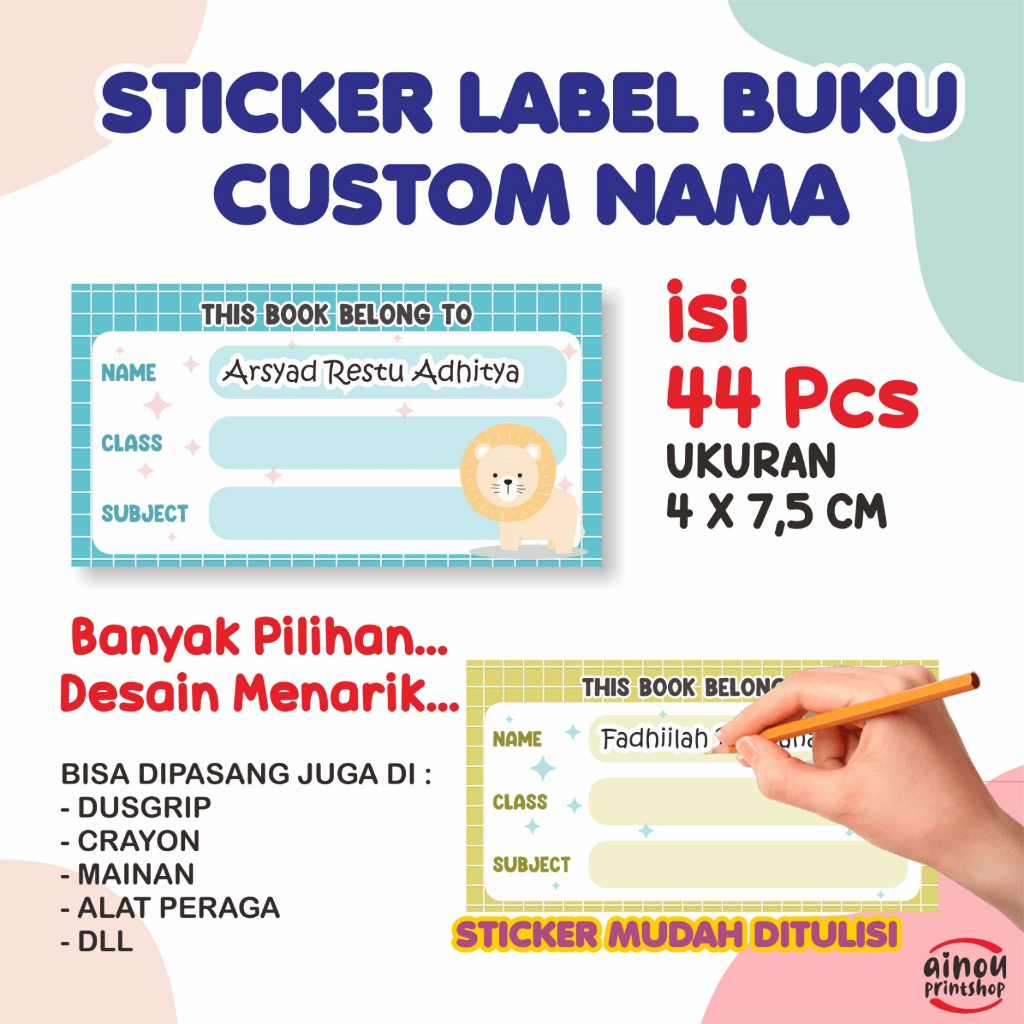 

44 Pcs Sticker Label Buku Pelajaran Sekolah Buku Tulis Sticker Label Nama Animal Series