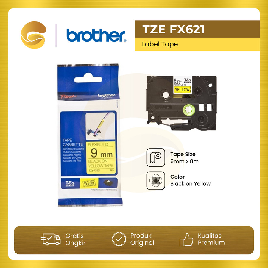 

BROTHER Label Tape TZE FX621 Flexible 9mm Black On Yellow