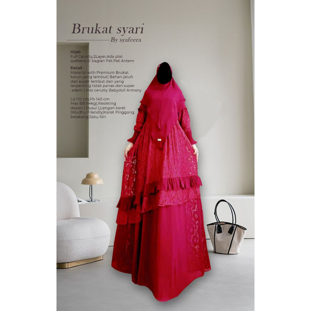 GAMIS SYARI BRUKAT BY SYAFEERA SET KHIMAR | BAHAN PREMIUM BRUKAT UKURAN ALLSIZE MURAH TERBARU