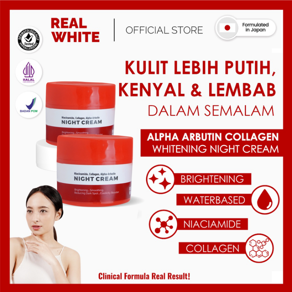 REAL WHITE Alpha Arbutin Collagen Night Cream | BPOM HALAL Skincare Pelembab Moisturizer Salep Krim 