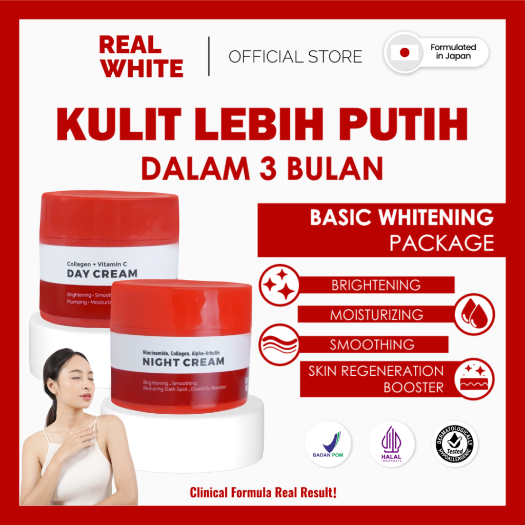 REAL WHITE Basic Brightening Package | BPOM HALAL Paket Skincare Pelembab Krim Pagi Malam Cream Day 