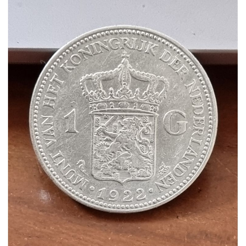 koin perak kuno 1 Gulden Wilhelmina tahun 1922 VF sampai XF