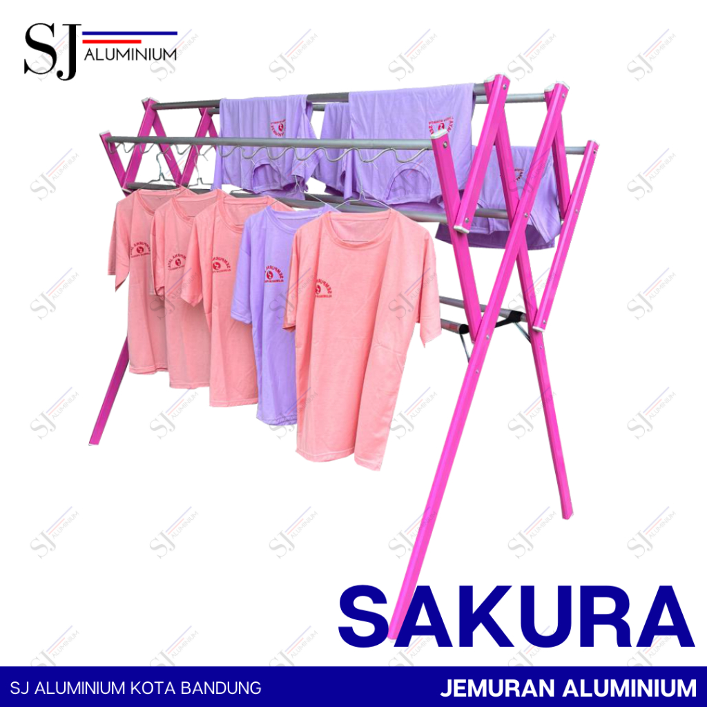 SAKURA - Jemuran Aluminium Jumbo 180 CM / Jemuran Baju Pakaian Handuk Lipat Warna Pink / Palang 9 - 