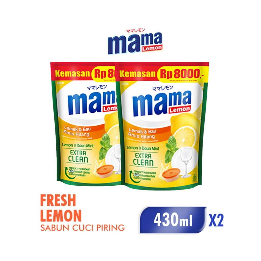 Mama Lemon Sabun Cuci Piring Daun Mint Pouch 430 ml x2