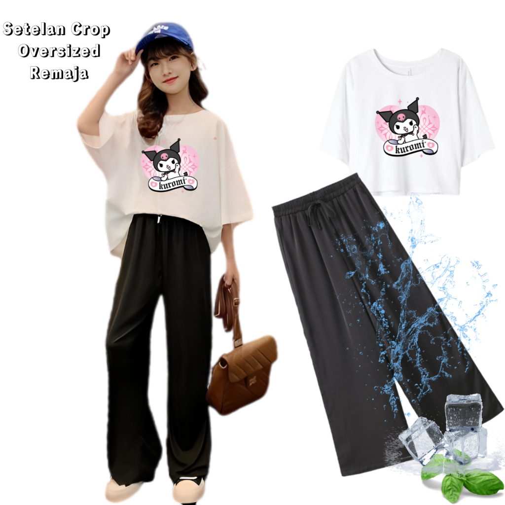 JBF Baju Wibu / Anime Remaja Motif Kuromi / Set Baju Crop Dan Celana Kulot