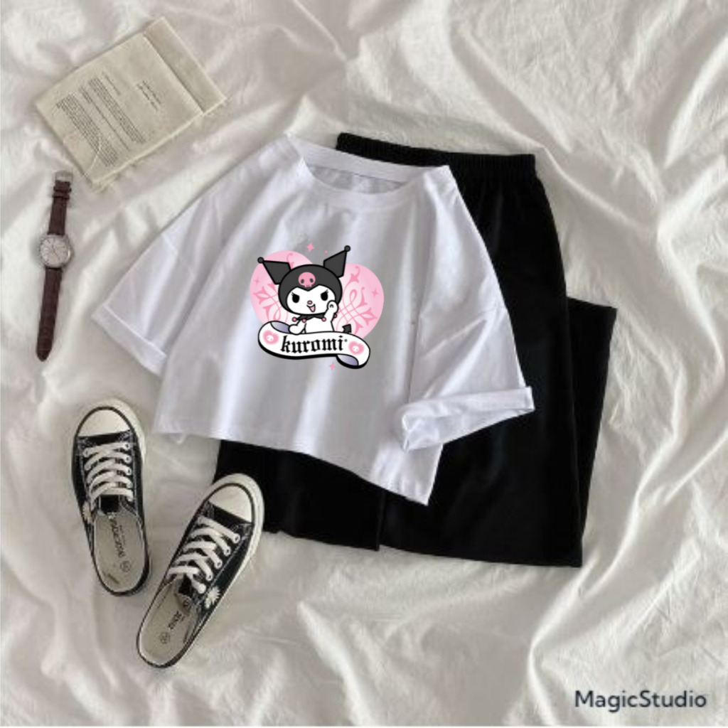 JBF Baju Wibu / Anime Remaja Motif Kuromi / Set Baju Crop Dan Celana Kulot