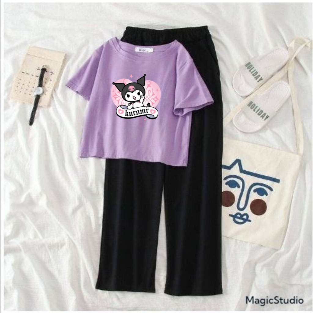 JBF Baju Wibu / Anime Remaja Motif Kuromi / Set Baju Crop Dan Celana Kulot