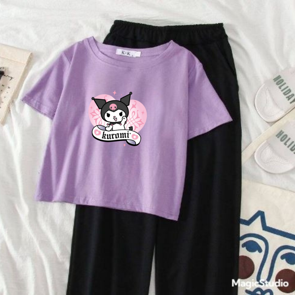 JBF Baju Wibu / Anime Remaja Motif Kuromi / Set Baju Crop Dan Celana Kulot