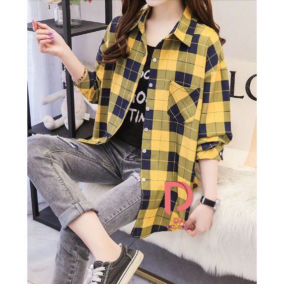 HEM Atasan Kemeja Flanel Wanita Kotak Kotak Lengan Panjang Korean Fashion Kualitas Import Kekinian B