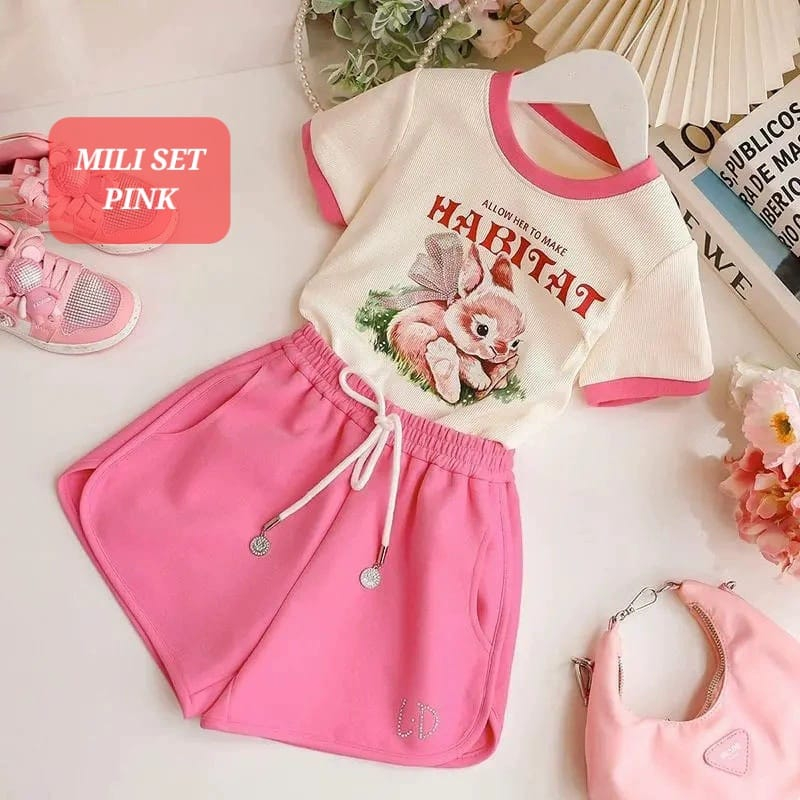 BAJUKIDDIE MILI SET PINK BAJU SETELAN ANAK TANGGUNG CEWEK FASHION KOREA CASUAL IMPORT