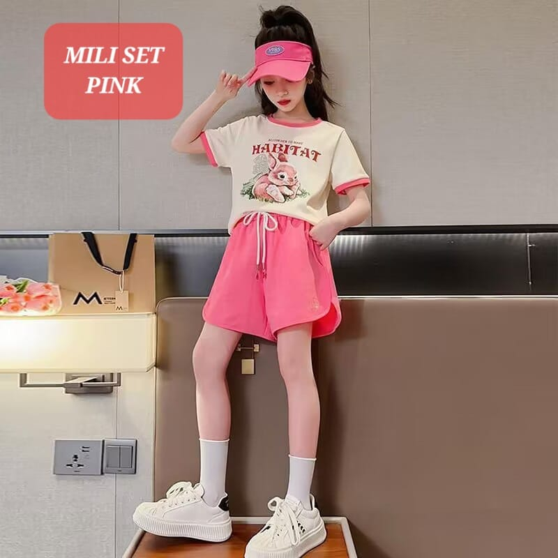 MILANBERRY MILI SET PINK BAJU SETELAN CASUAL ANAK TANGGUNG CEWEK FASHION KOREA IMPORT DAILY