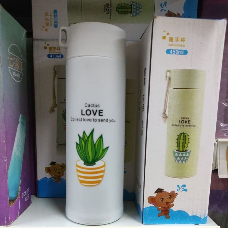 Botol Air Minum Kaca - Botol Air Minum Motif Kaktus 450ml