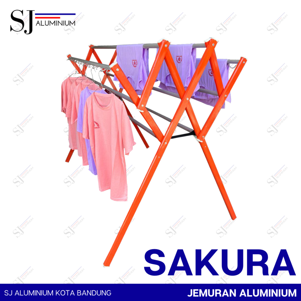 SAKURA - Jemuran Aluminium Jumbo 180 CM / Jemuran Baju Pakaian Handuk Lipat Warna Oren / Palang 9 - 