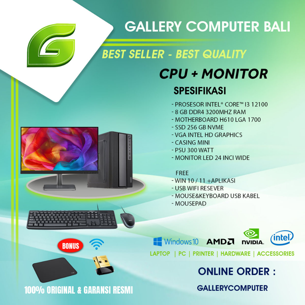 ( cpu dan monitor 24inci ) komputer pc rakitan intel core i3 gen 12