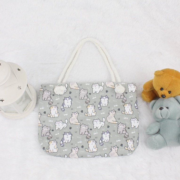 TAS KANVAS JINJING TALI SUMBU / TALI MACRAME KATUN MOTIF KUCING