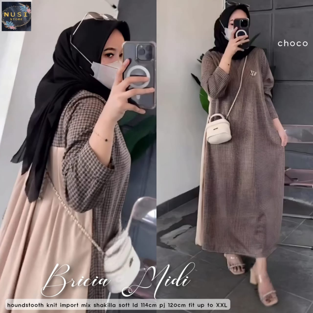 bricia midi tunik tunic baju pakaian atasan dress dres panjang selutut motif kotak size xxl xxxl cas
