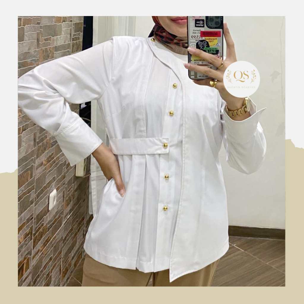 QS Hivu Set Baju Atasan Kemeja Wanita Jumbo Bahan Katun Toyobo Premium/Kemeja Jumbo Putih Lengan Pan