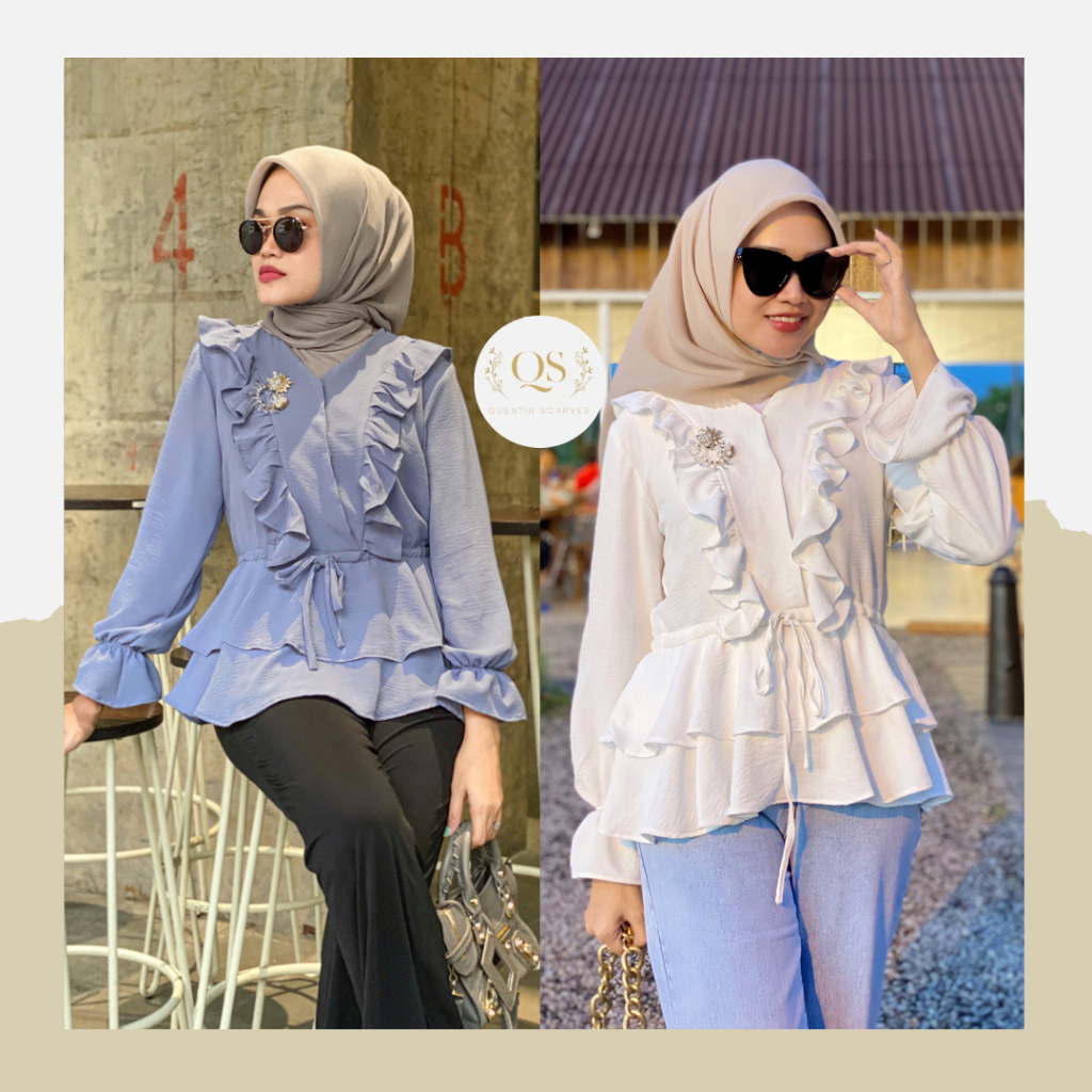 QS Lady Blouse Kekinian/Atasan Wanita Lengan Panjang Kerja/Kemeja Putih Bahan Crinkle AirFlow Adem d