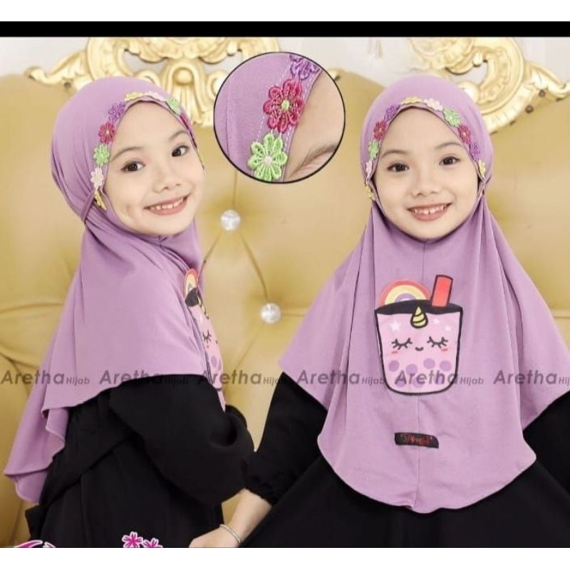 (COD) JILAB ANAK BOBA MIXUE Hijab Anak Prempuan Karakter EsCrem Non Ped Bunga Hijab Anak MIXUE Jerse