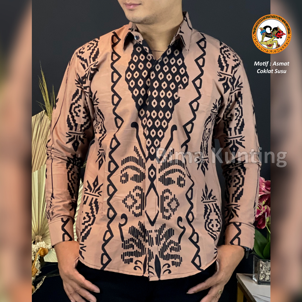 Kemeja Batik Pria 'Asmat Coklat Susu' Furing Slim-Fit Lengan Panjang