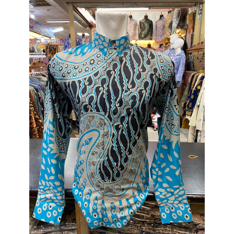 Kemeja Batik Pria Lengan Panjang Bahan Dobby Hitam Biru eletrik