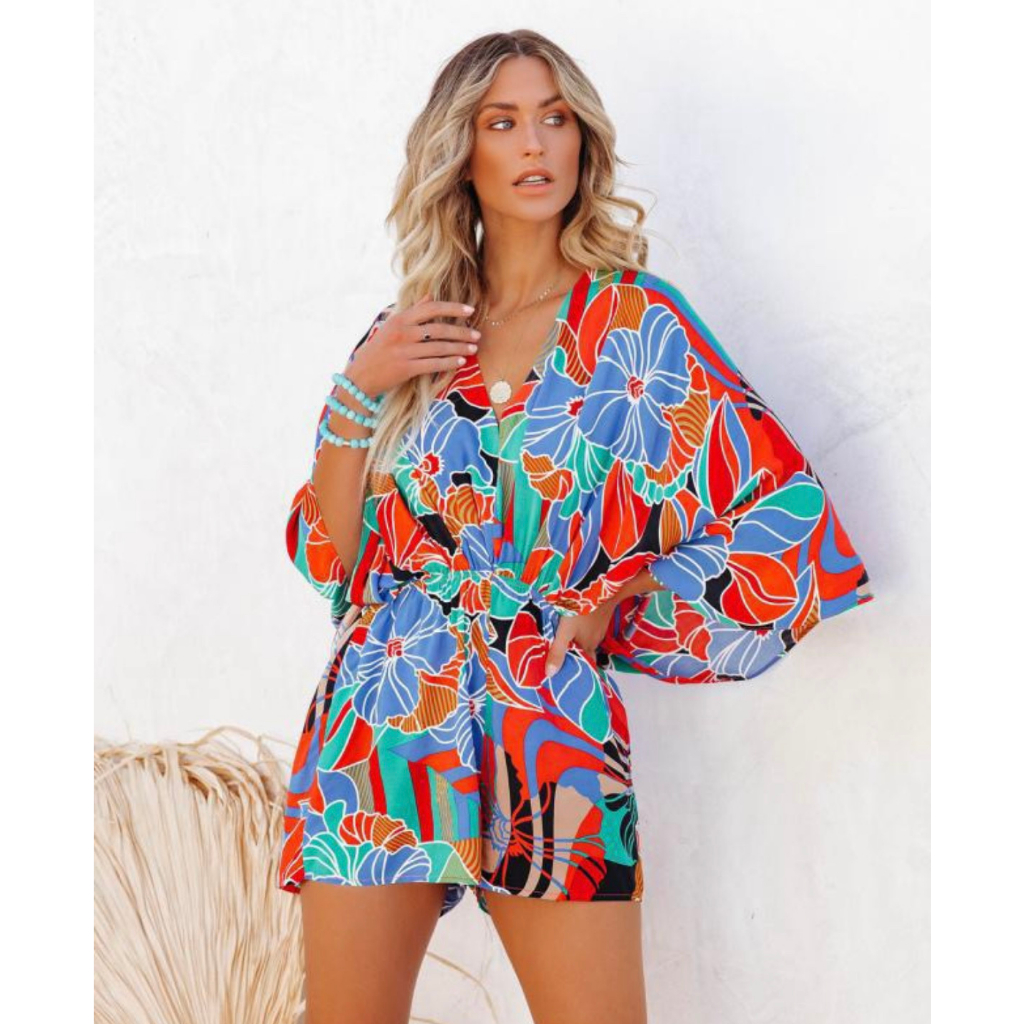 Jumpsuit Wanita Jumbo Colorful Flower Beach Outer Baju Pantai Motif Bunga Warna Warni LD 100