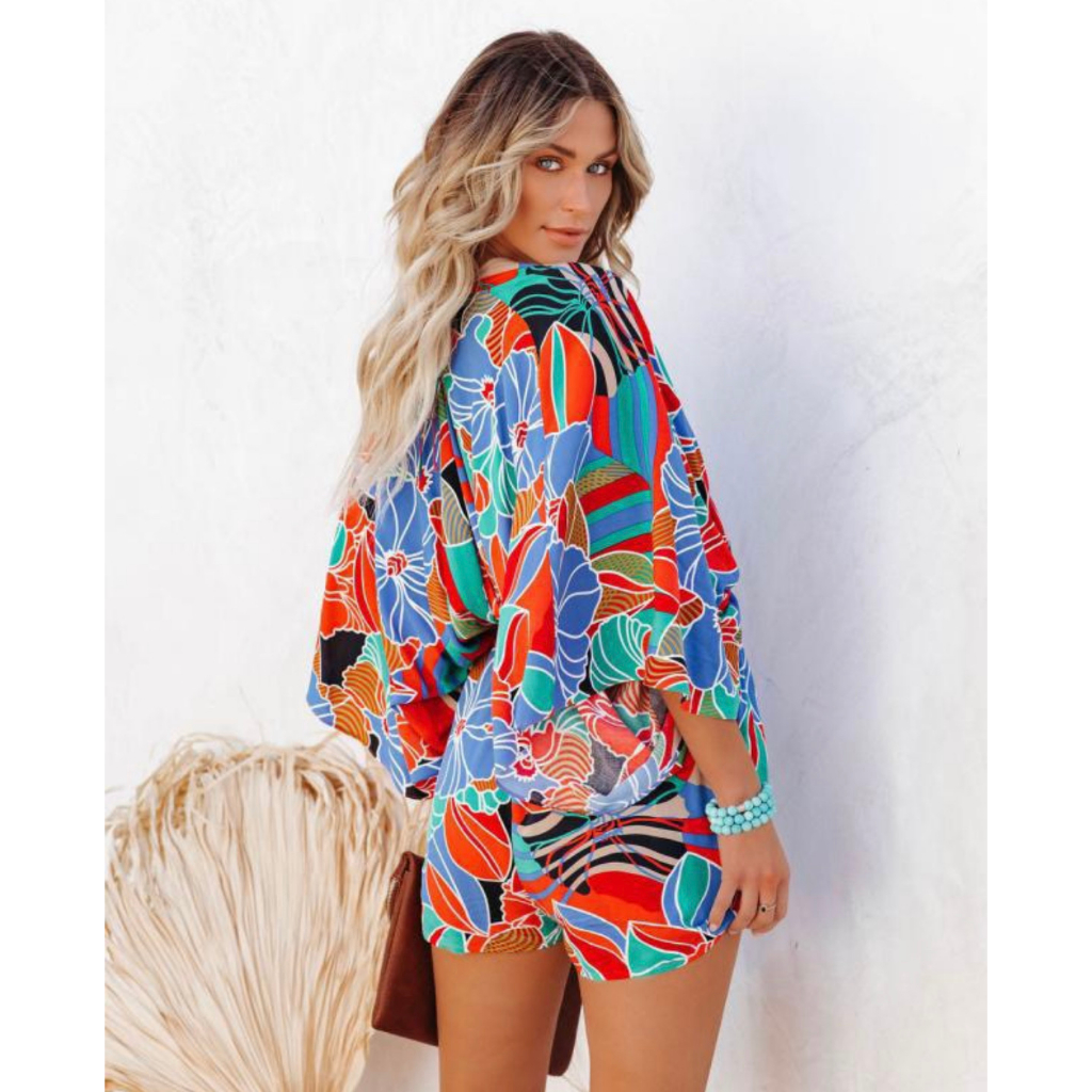 Jumpsuit Wanita Jumbo Colorful Flower Beach Outer Baju Pantai Motif Bunga Warna Warni LD 100