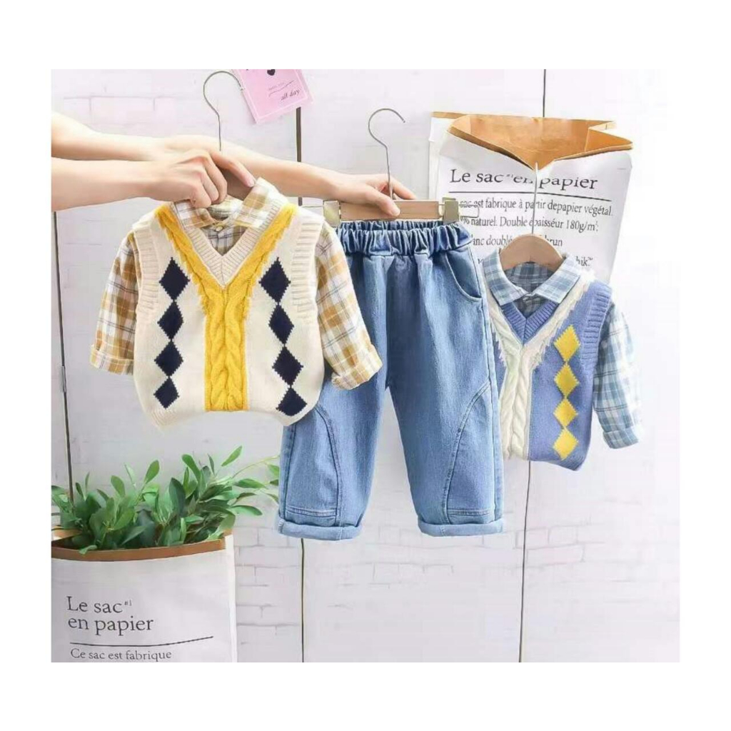 Setelan pria 3in1 flanel ktk rompi rjt belah ketupat | 42964 B2 Uk.  3-7 Thn