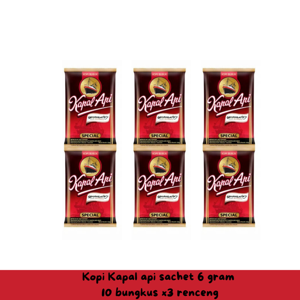 

Kopi Bubuk Kapal Api Special 6 gram Kemasan Kecil Isi 10 bungkus x 3 Renceng