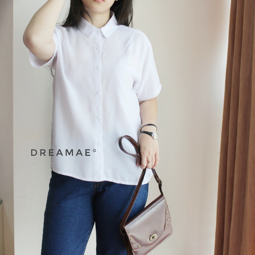 baju kemeja atasan wanita cewek putih polos lengan pendek katun