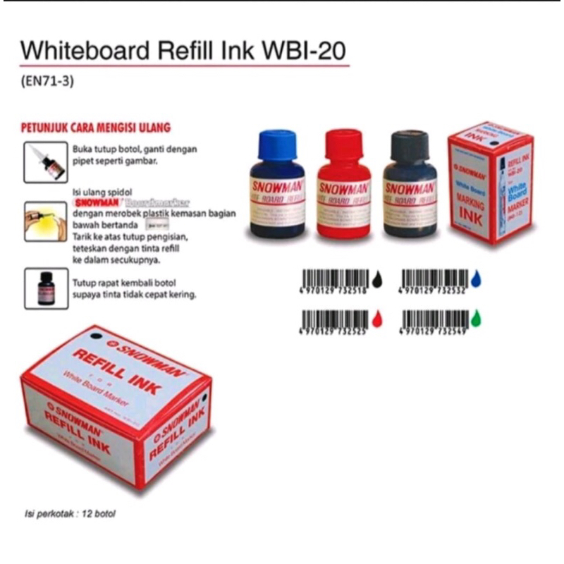 

Snowman White Board Marker Ink Refill WBI-20 Isi Ulang Tinta Spidol Papan Tulis Putih