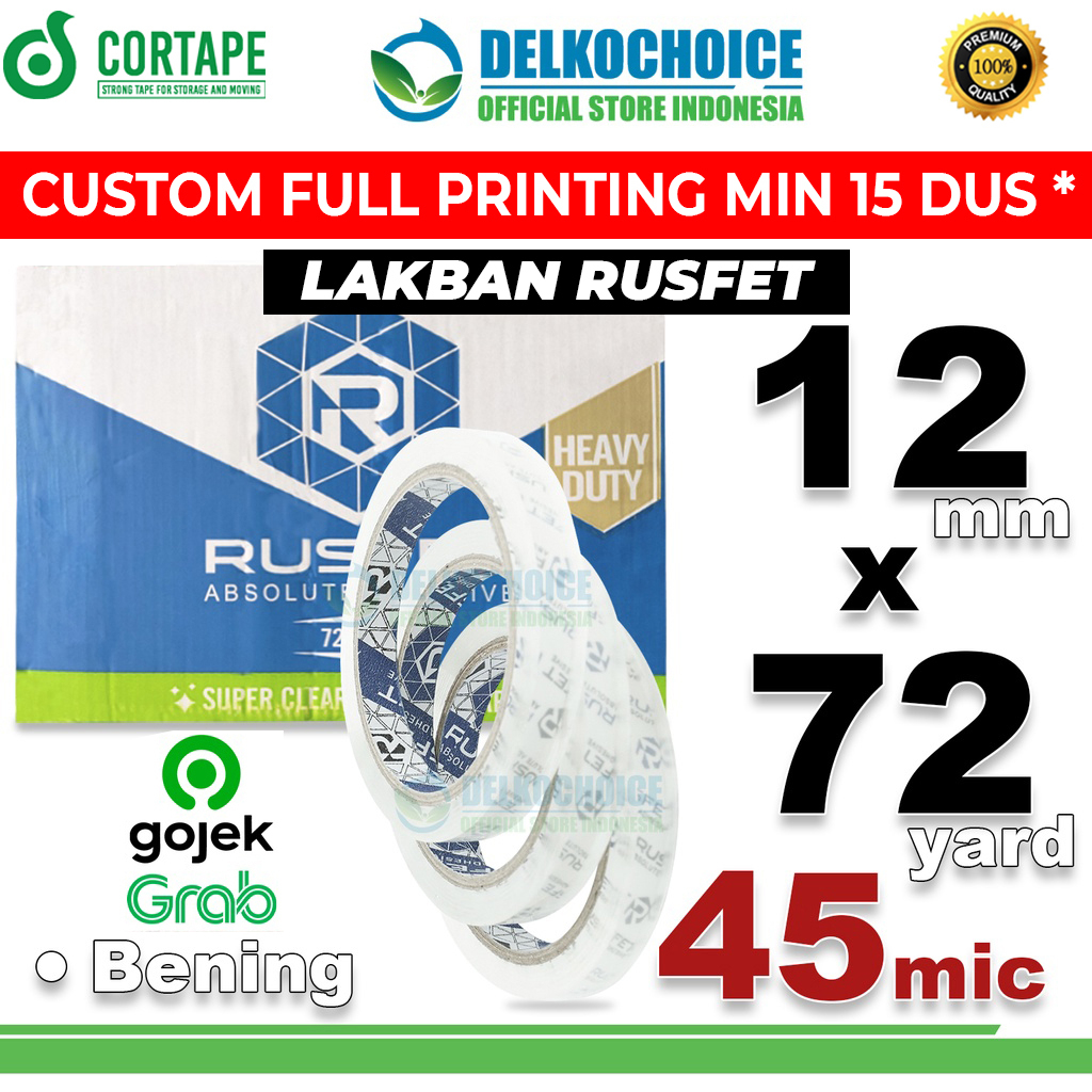 

Lakban 12mm x 72yard RUSFET Plakban Isolasi TAPE PREMIUM GOJEK GRAB / DUS