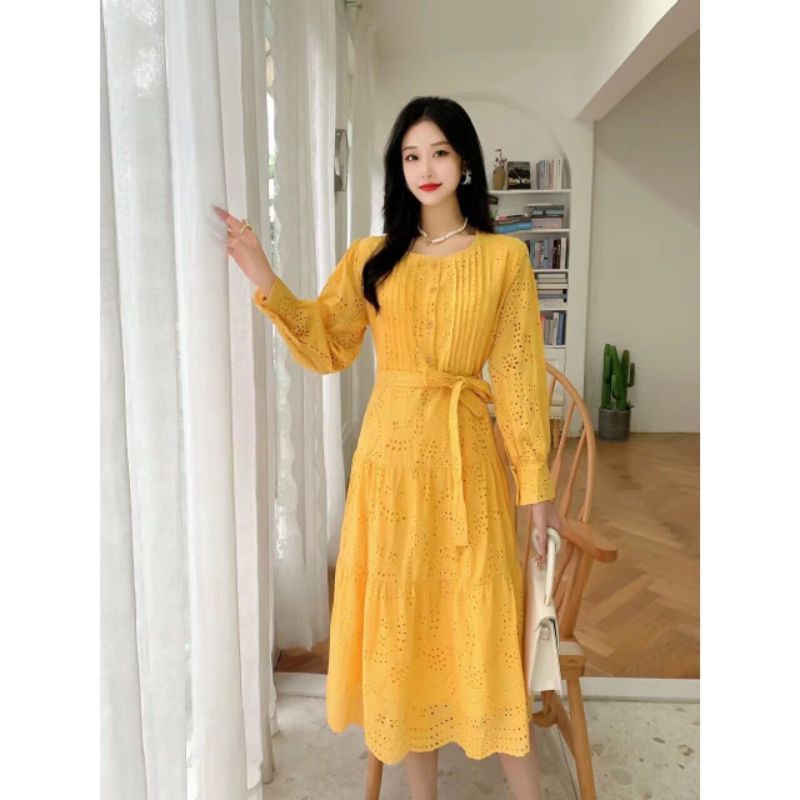 QUEEN SAKURA - Q11373D - EYELET PLEATED LONG SLEEVES DRESS IMPORT - DRESS KATUN PREMIUM CASUAL KOREA