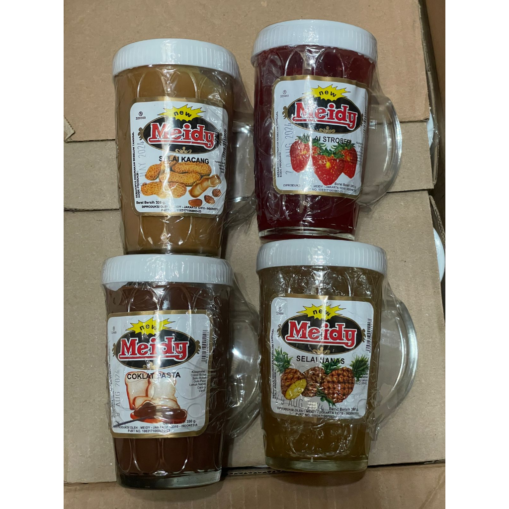 

Meidy 24x380gr Stroberi Nanas & 24x350gr Coklat Kacang Selai Gelas Gagang