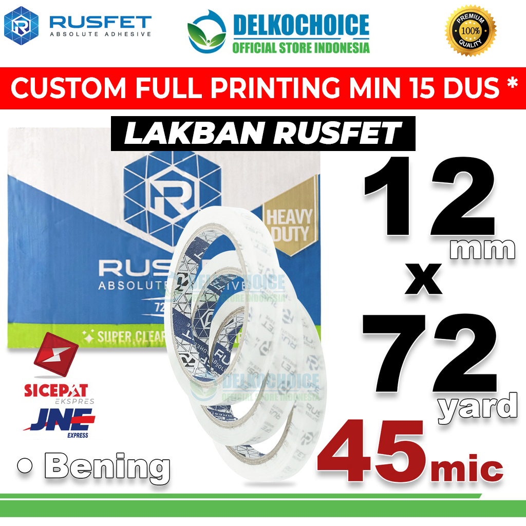 

Lakban 12mm x 72yard RUSFET Plakban Isolasi TAPE PREMIUM / DUS KARGO