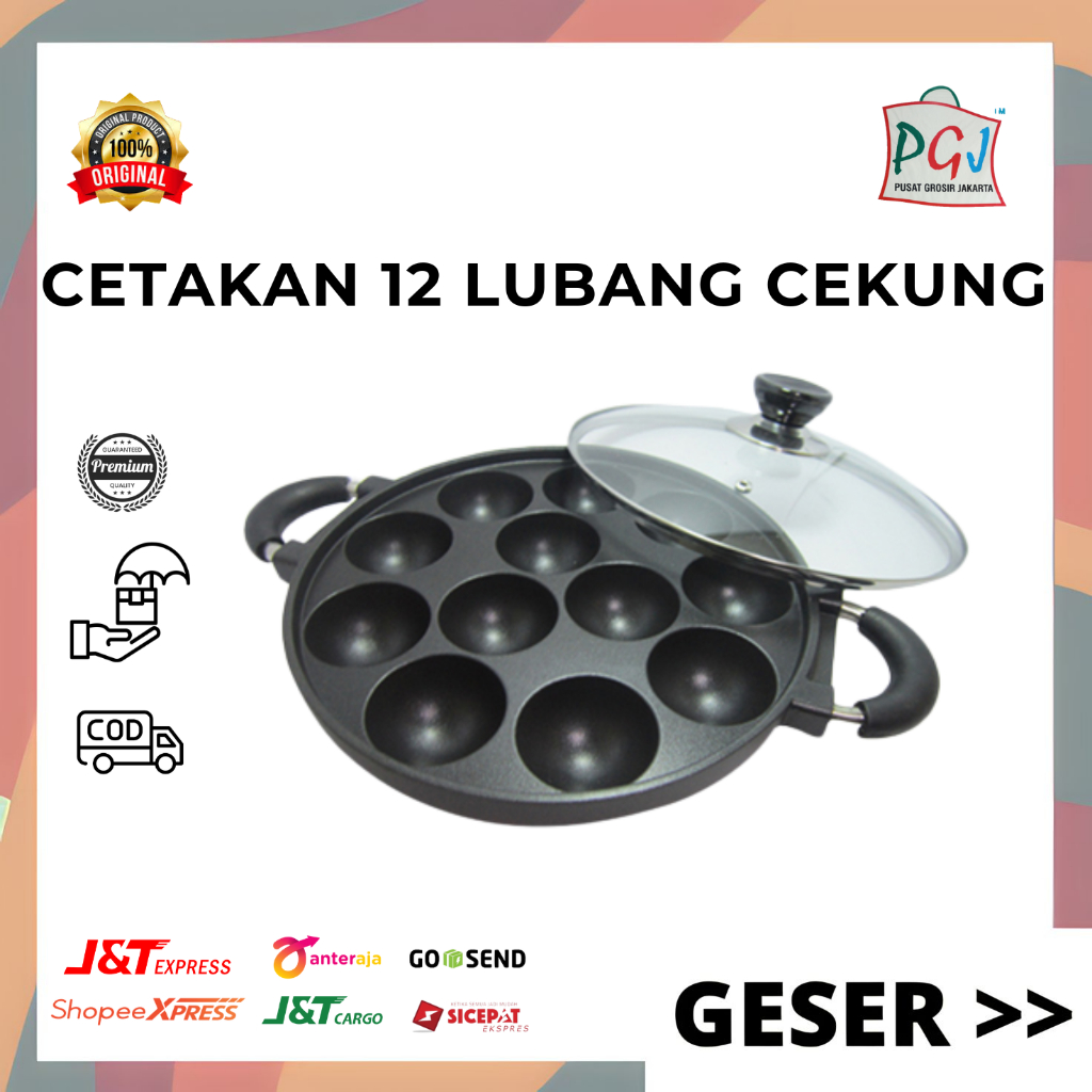 PGJ - Cetakan Takoyaki Dorayaki 12 Lubang Cekung Tutup Kaca Anti Lengket / Cetakan Martabak Mini Bik