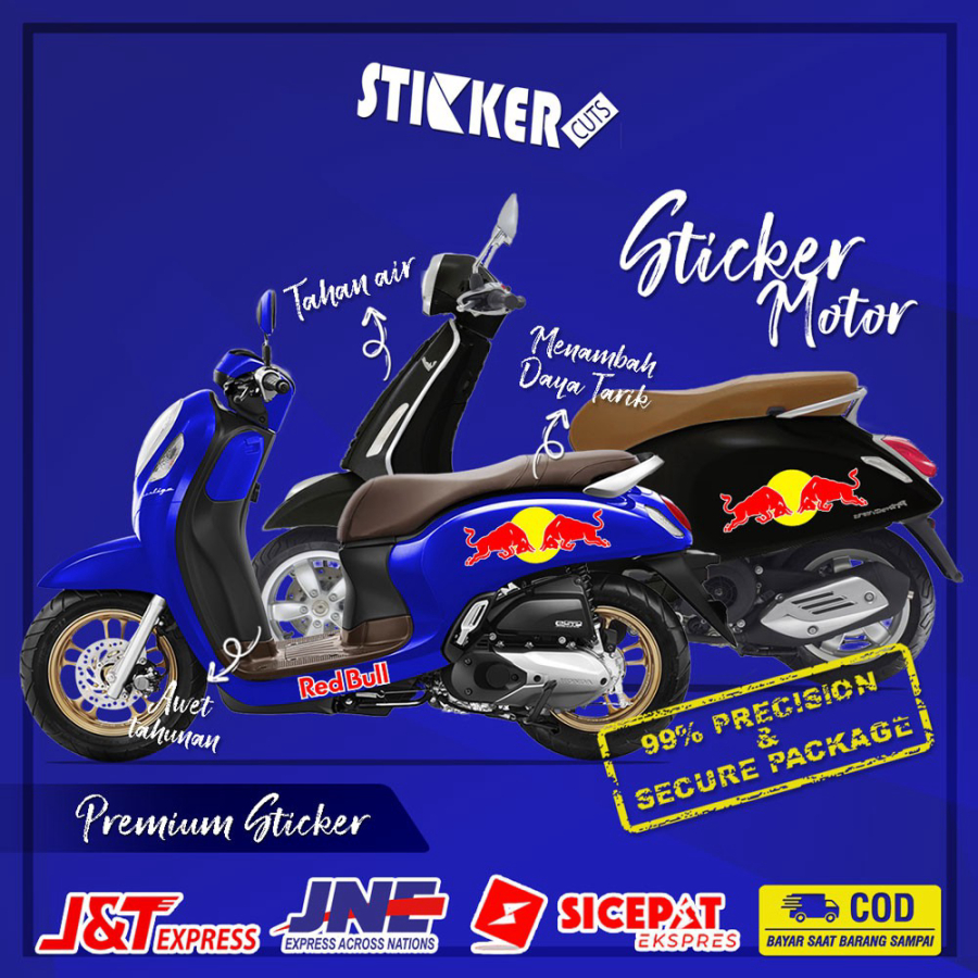 STICKER CUTTING STIKER MOTOR VESPA SCOOPY LOGO REDBULL FREE CUSTOM DESAIN